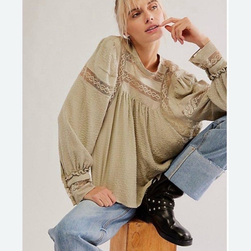 Free People Sage Green Lace-Panel Boho Blouse